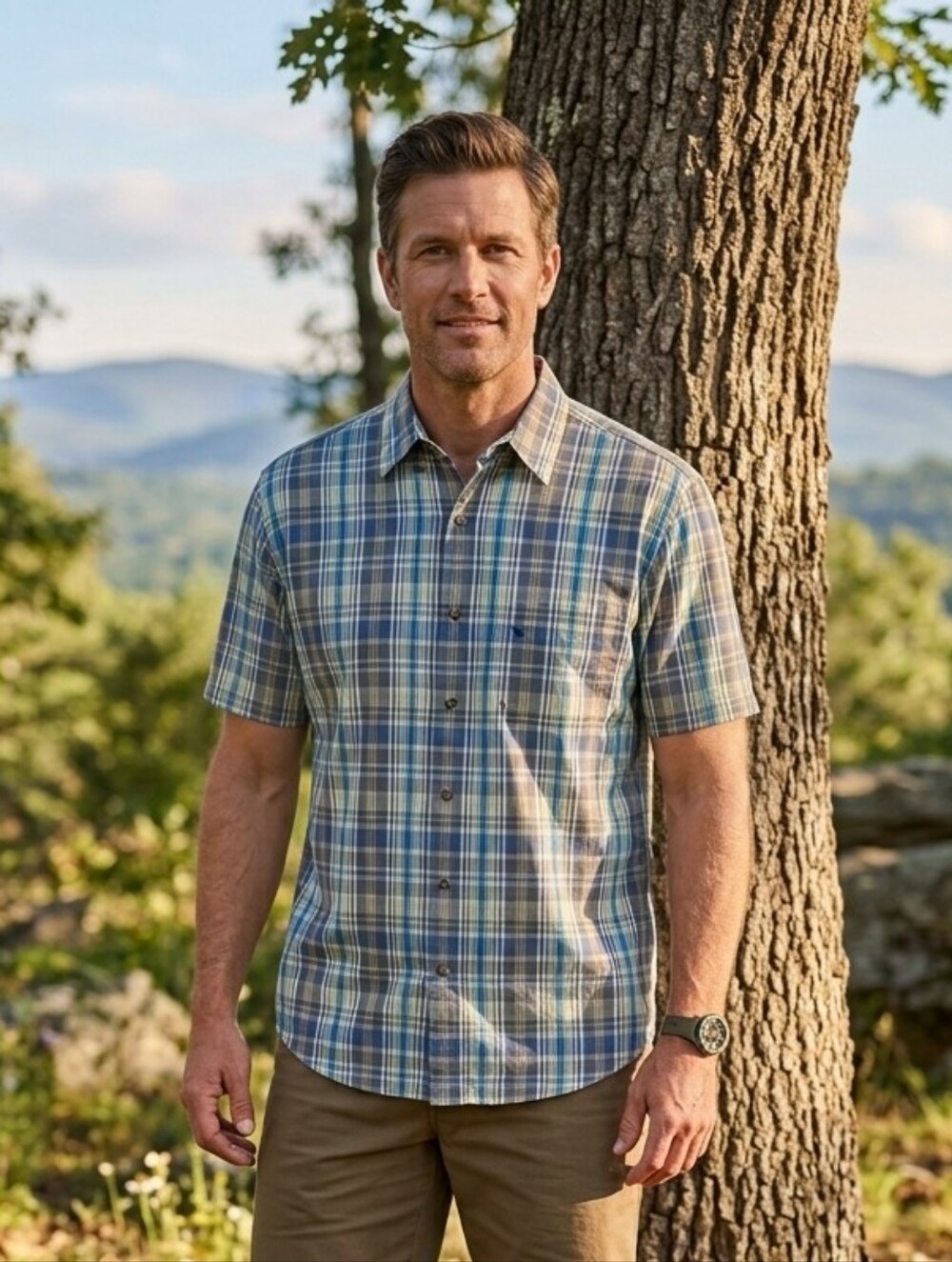 Eddie Bauer Men's Blue and White Plaid Button Down Shirt